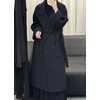 image:imagechouyatou Womens Winter Double Breasted Wool Coat Casual Loose Belted Notch Lapel Midi Long Woolen CoatBlack