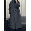 image:imagechouyatou Womens Winter Double Breasted Wool Coat Casual Loose Belted Notch Lapel Midi Long Woolen CoatDark Grey