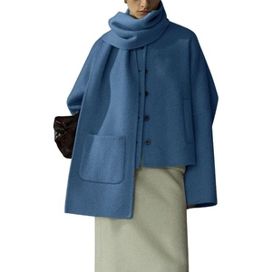 image:imagechouyatou Womens Casual Single Breasted Cropped Wool Coat Dressy Trench Pea Coat Short Wool Jacket with ScarfBlue