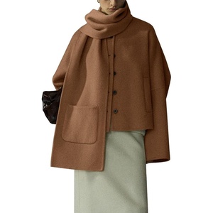 image:imagechouyatou Womens Casual Single Breasted Cropped Wool Coat Dressy Trench Pea Coat Short Wool Jacket with ScarfBrown