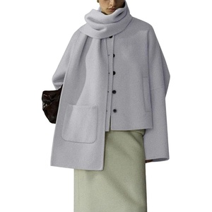 image:imagechouyatou Womens Casual Single Breasted Cropped Wool Coat Dressy Trench Pea Coat Short Wool Jacket with ScarfLight Purple
