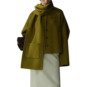 image:imagechouyatou Womens Casual Single Breasted Cropped Wool Coat Dressy Trench Pea Coat Short Wool Jacket with ScarfOlive Green