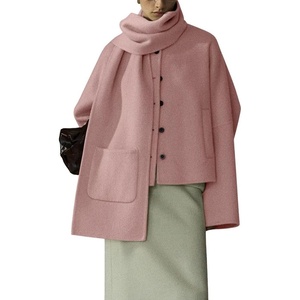 image:imagechouyatou Womens Casual Single Breasted Cropped Wool Coat Dressy Trench Pea Coat Short Wool Jacket with ScarfPink