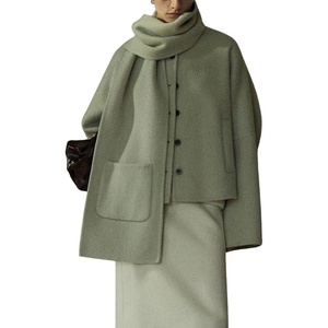 image:imagechouyatou Womens Casual Single Breasted Cropped Wool Coat Dressy Trench Pea Coat Short Wool Jacket with ScarfSage Green