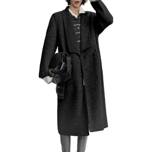 image:imagechouyatou Womens Chic Shawl Collar Business Casual Wool Coat Single Breasted Midi Long Trench Coat PeacoatBlack