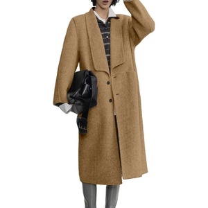 image:imagechouyatou Womens Chic Shawl Collar Business Casual Wool Coat Single Breasted Midi Long Trench Coat PeacoatCamel