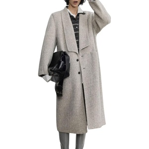 image:imagechouyatou Womens Chic Shawl Collar Business Casual Wool Coat Single Breasted Midi Long Trench Coat PeacoatLight Grey