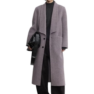 image:imagechouyatou Womens Chic Shawl Collar Business Casual Wool Coat Single Breasted Midi Long Trench Coat PeacoatPurple