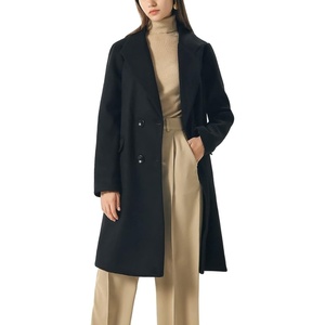 image:imagechouyatou Womens Classic Notched Collar Double Breasted Plaid Wool Blend Long Trench CoatBlack