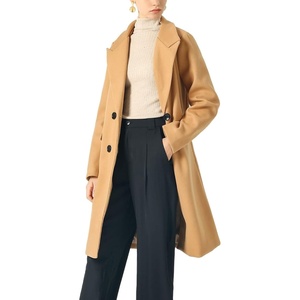 image:imagechouyatou Womens Classic Notched Collar Double Breasted Plaid Wool Blend Long Trench CoatCamel