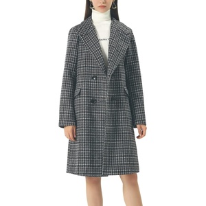 image:imagechouyatou Womens Classic Notched Collar Double Breasted Plaid Wool Blend Long Trench CoatPlaidblack