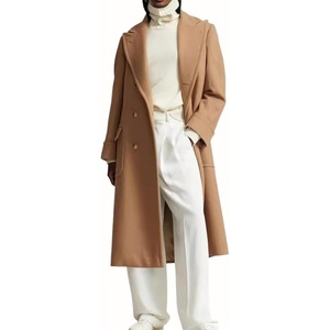 image:imagechouyatou Womens Double Breasted Wool Coat Notch Lapel Business Casual Midi Long Winter OvercoatCamel