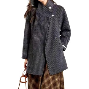 image:imagechouyatou Womens Vintage Striped Stand Collar Wool Coat Single Breasted Dressy Trench Pea Coat OvercoatDark Gray