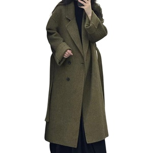 image:imagechouyatou Womens Winter Double Breasted Wool Coat Casual Loose Belted Notch Lapel Midi Long Woolen CoatArmy Green