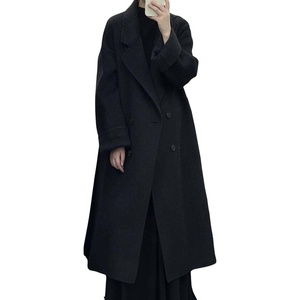 image:imagechouyatou Womens Winter Double Breasted Wool Coat Casual Loose Belted Notch Lapel Midi Long Woolen CoatBlack