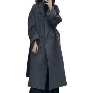 image:imagechouyatou Womens Winter Double Breasted Wool Coat Casual Loose Belted Notch Lapel Midi Long Woolen CoatDark Grey