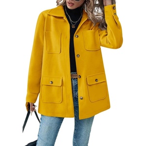 image:imagechouyatou Womens 2025 Winter Thicken Single Breasted Wool Coat Long Sleeve Dressy Trench CoatYellow