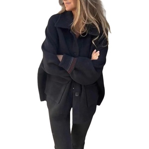 image:imagechouyatou Womens Casual Single Breasted Wool Coat Lantern Sleeve Lapel Collared Wool Blend Pea Coat with PocketsBlack