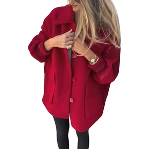 image:imagechouyatou Womens Casual Single Breasted Wool Coat Lantern Sleeve Lapel Collared Wool Blend Pea Coat with PocketsRed