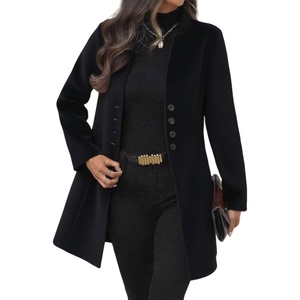 image:imagechouyatou Womens Casual Single Breasted Wool Coat Notch Collar Office Work Wool Blend Pea Coat OvercoatBlack