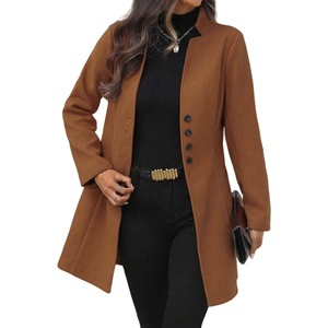 image:imagechouyatou Womens Casual Single Breasted Wool Coat Notch Collar Office Work Wool Blend Pea Coat OvercoatBrown