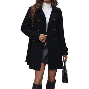 image:imagechouyatou Womens Elegant Double Breasted Wool Coat Long Sleeve Belted Midi Long Winter Trench CoatBlack