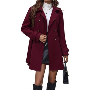 image:imagechouyatou Womens Elegant Double Breasted Wool Coat Long Sleeve Belted Midi Long Winter Trench CoatBurgundy