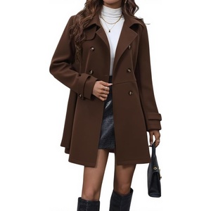 image:imagechouyatou Womens Elegant Double Breasted Wool Coat Long Sleeve Belted Midi Long Winter Trench CoatCoffee