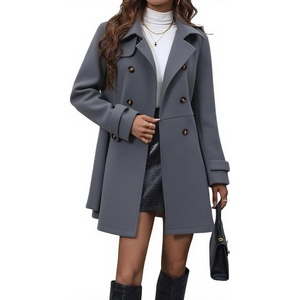 image:imagechouyatou Womens Elegant Double Breasted Wool Coat Long Sleeve Belted Midi Long Winter Trench CoatGrey