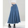 image:imagechouyatou Womens A Line Mid Rise Denim Skirt Pleated Raw Hem Flare Mid Long Jean Skirt with PocketsBlue