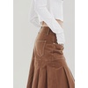 image:imagechouyatou Womens A Line Mid Rise Denim Skirt Pleated Raw Hem Flare Mid Long Jean Skirt with PocketsBrown