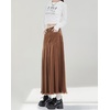 image:imagechouyatou Womens A Line Mid Rise Denim Skirt Pleated Raw Hem Flare Mid Long Jean Skirt with PocketsBrown