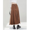 image:imagechouyatou Womens A Line Mid Rise Denim Skirt Pleated Raw Hem Flare Mid Long Jean Skirt with PocketsBrown