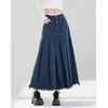 image:imagechouyatou Womens A Line Mid Rise Denim Skirt Pleated Raw Hem Flare Mid Long Jean Skirt with PocketsDark Blue