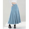 image:imagechouyatou Womens A Line Mid Rise Denim Skirt Pleated Raw Hem Flare Mid Long Jean Skirt with PocketsLight Blue