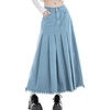 image:imagechouyatou Womens A Line Mid Rise Denim Skirt Pleated Raw Hem Flare Mid Long Jean Skirt with PocketsLight Blue