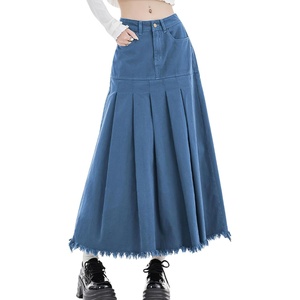 image:imagechouyatou Womens A Line Mid Rise Denim Skirt Pleated Raw Hem Flare Mid Long Jean Skirt with PocketsBlue