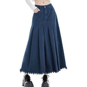 image:imagechouyatou Womens A Line Mid Rise Denim Skirt Pleated Raw Hem Flare Mid Long Jean Skirt with PocketsDark Blue
