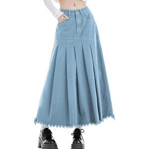 image:imagechouyatou Womens A Line Mid Rise Denim Skirt Pleated Raw Hem Flare Mid Long Jean Skirt with PocketsLight Blue