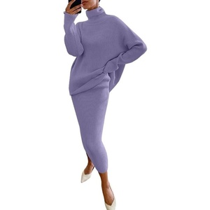image:imagechouyatou Womens Chunky 2 Piece Outfits Turtleneck Knit Sweater and Maxi Bodycon Skirt SetsLight Purple