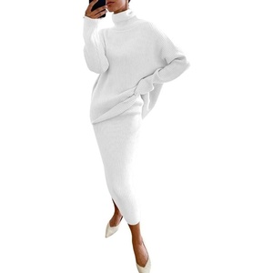 image:imagechouyatou Womens Chunky 2 Piece Outfits Turtleneck Knit Sweater and Maxi Bodycon Skirt SetsWhite