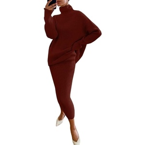image:imagechouyatou Womens Chunky 2 Piece Outfits Turtleneck Knit Sweater and Maxi Bodycon Skirt SetsWine Red
