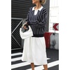 image:imagechouyatou Women 2025 Fall Polo Collar Pullover Striped Sweater Dressy Casual Chunky Knit Sweater Jumer TopNavy Blue