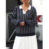 image:imagechouyatou Women 2025 Fall Polo Collar Pullover Striped Sweater Dressy Casual Chunky Knit Sweater Jumer TopNavy Blue