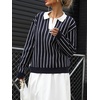 image:imagechouyatou Women 2025 Fall Polo Collar Pullover Striped Sweater Dressy Casual Chunky Knit Sweater Jumer TopNavy Blue