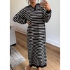 image:imagechouyatou Womens Fall Winter Striped Sweater Dress Casual Loose VNeck Collared Long Lounge DressBlack