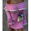 image:imagechouyatou Womens Off The Shoulder Bell Long Sleeve Sweater Mini Dress Lace Trim Bodycon Ribbed Knit Sweater DressPink