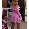 image:imagechouyatou Womens Off The Shoulder Bell Long Sleeve Sweater Mini Dress Lace Trim Bodycon Ribbed Knit Sweater DressPink