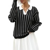 image:imagechouyatou Women 2025 Fall Polo Collar Pullover Striped Sweater Dressy Casual Chunky Knit Sweater Jumer TopBlack