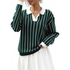 image:imagechouyatou Women 2025 Fall Polo Collar Pullover Striped Sweater Dressy Casual Chunky Knit Sweater Jumer TopGreen
